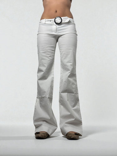 White cotton low rise buckle belt office flare pants (S/M)