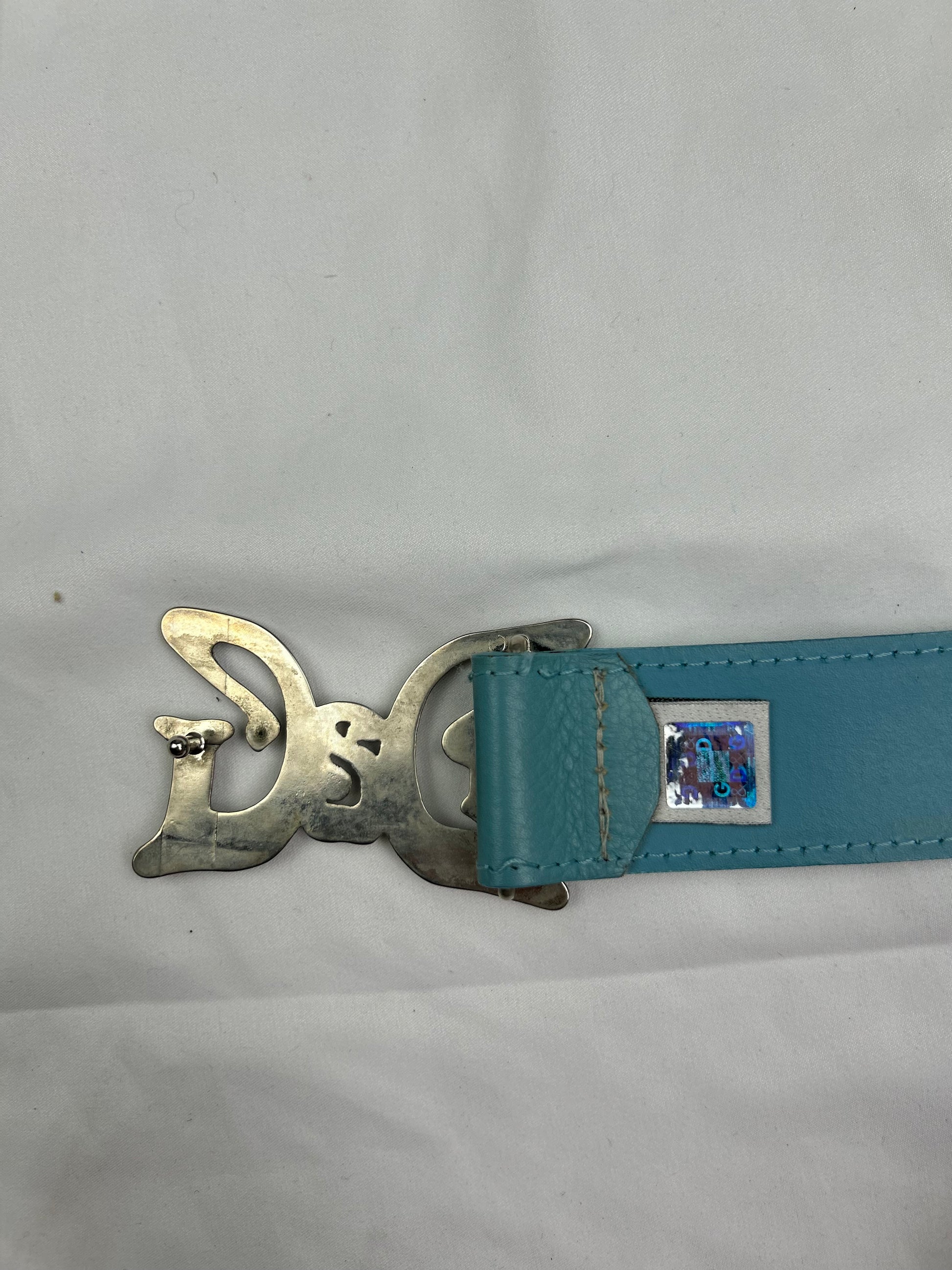 Blue metallic silver buckles 100% leather belt