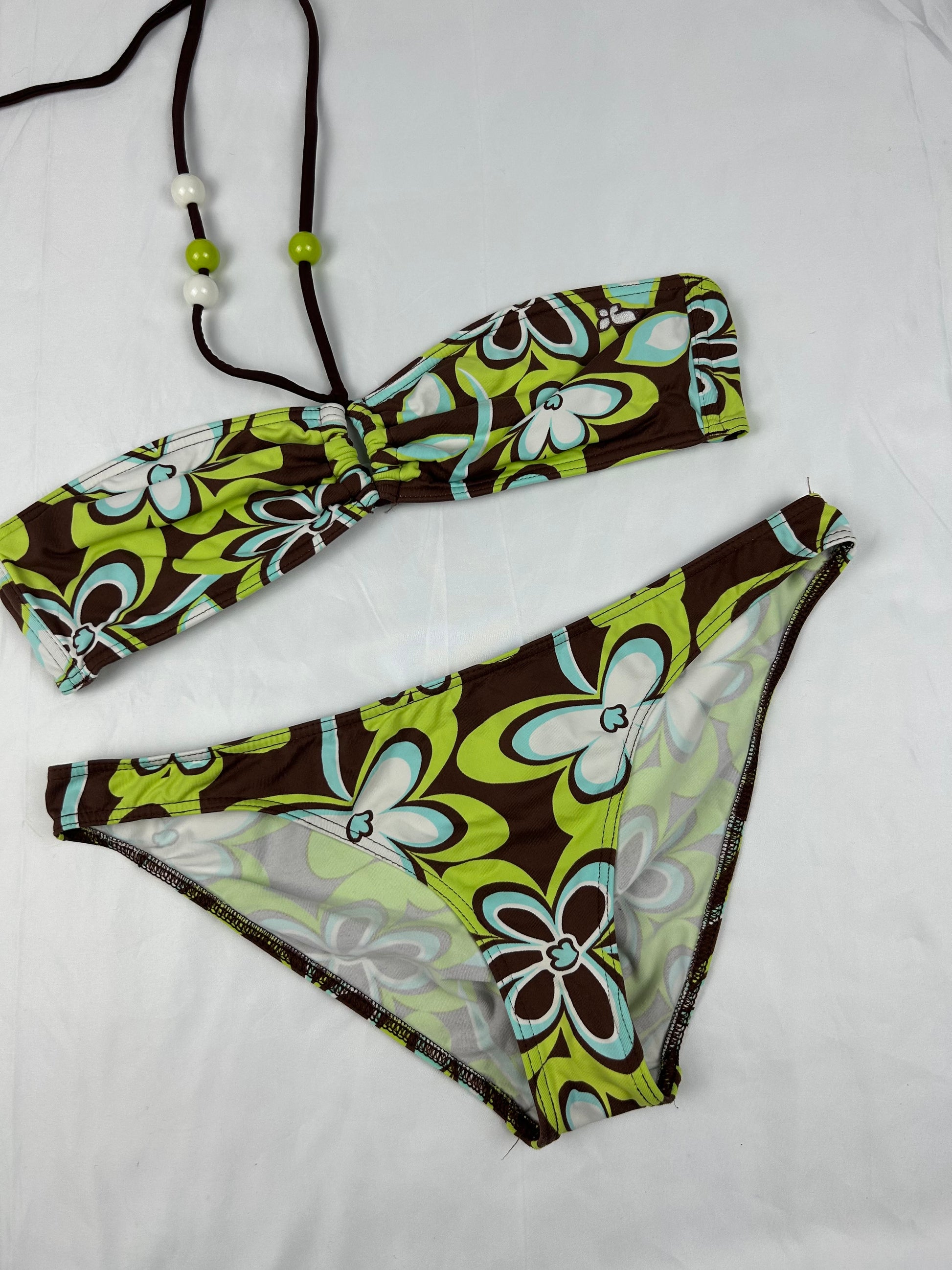 Green floral pearls low rise bikini set (L)