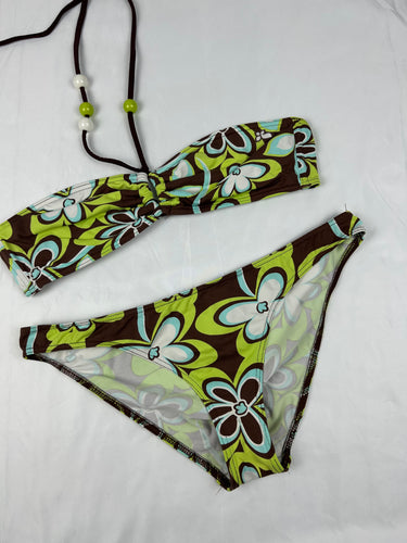 Green floral pearls low rise bikini set (L)