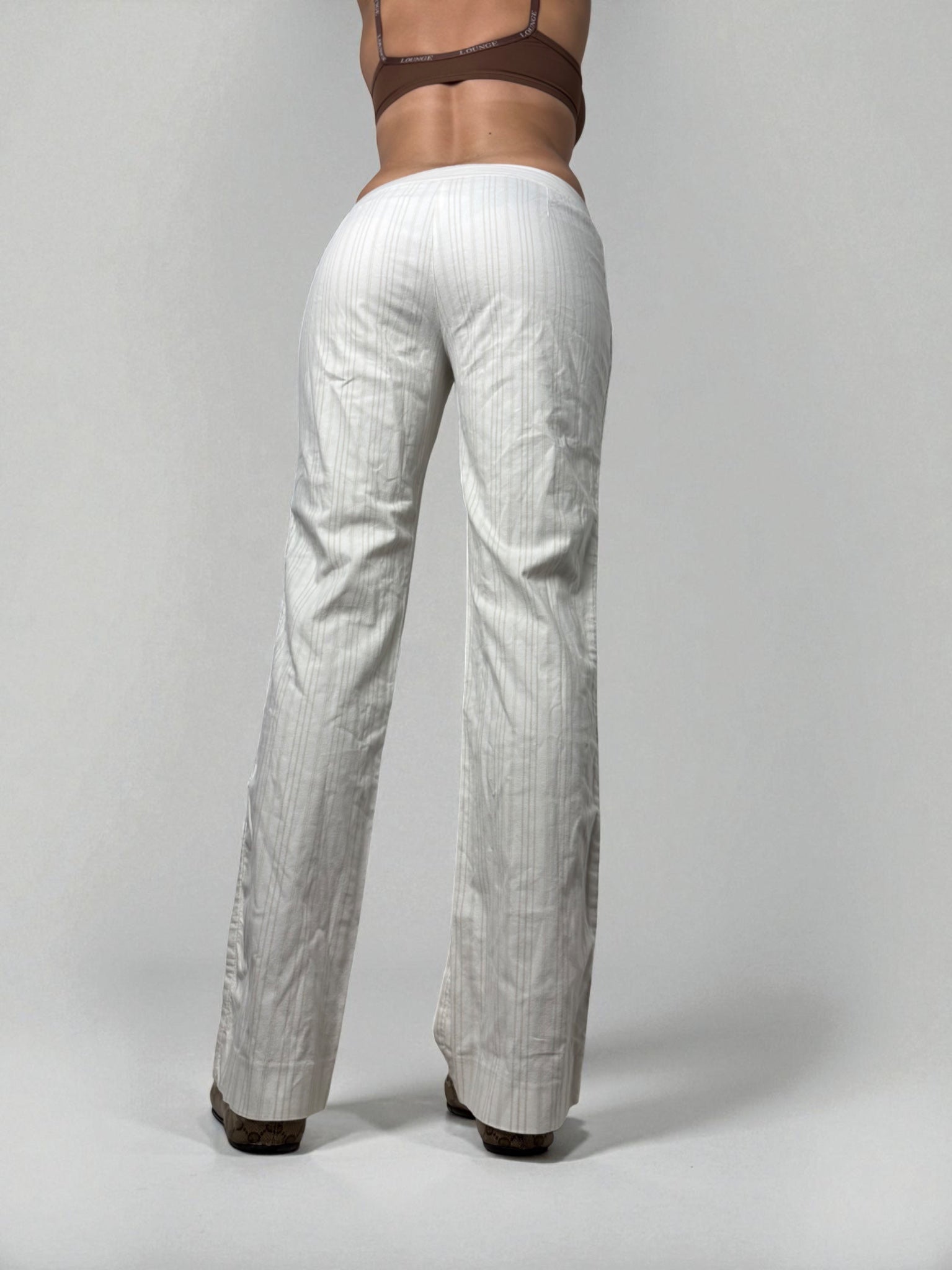 White cream striped cotton low rise office flare pants (M)