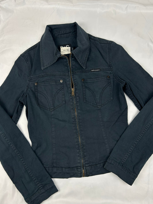 Navy denim cotton zip up biker jacket (XS/S)