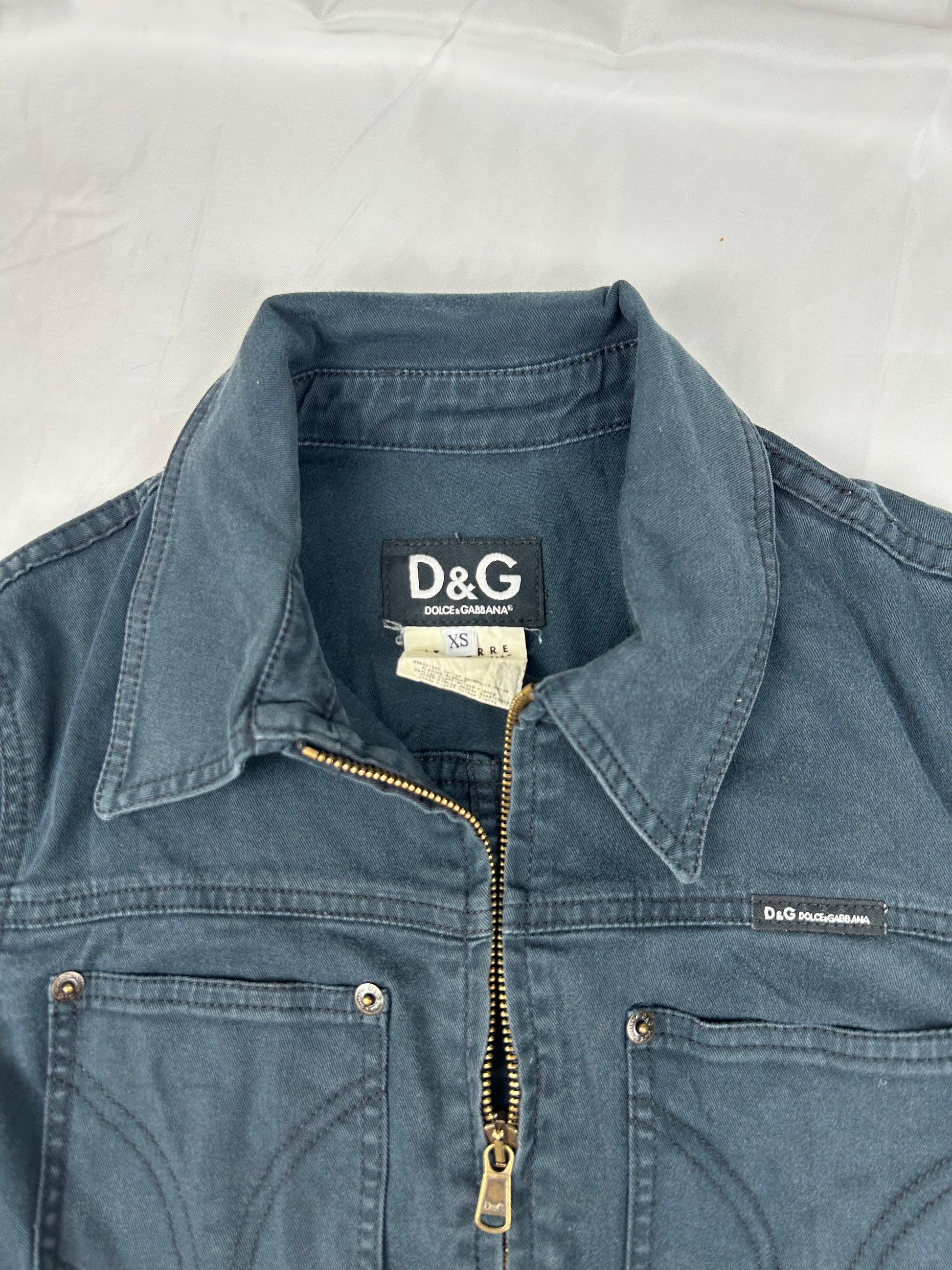Navy denim cotton zip up biker jacket (XS/S)