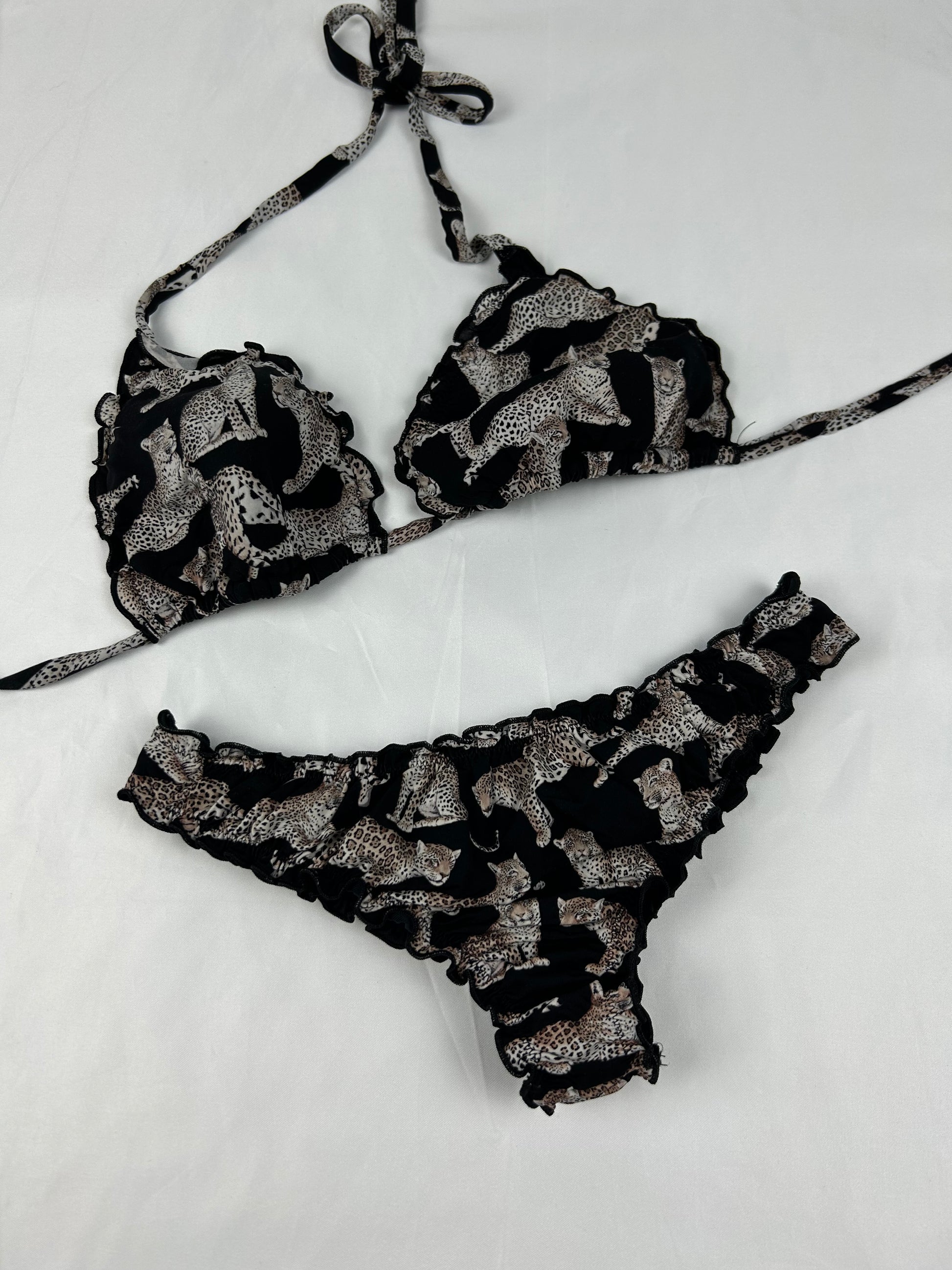 Black ruched low rise panther bikini set (XS)
