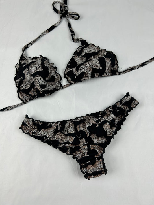 Black ruched low rise panther bikini set (XS)