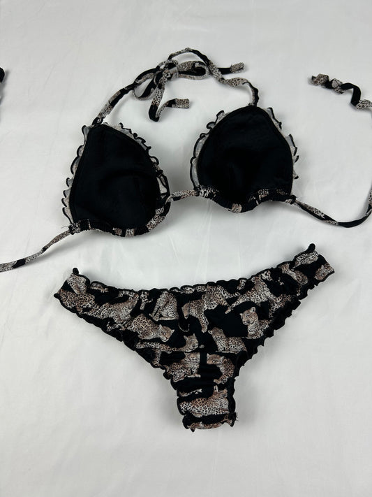 Black ruched low rise panther bikini set (XS)