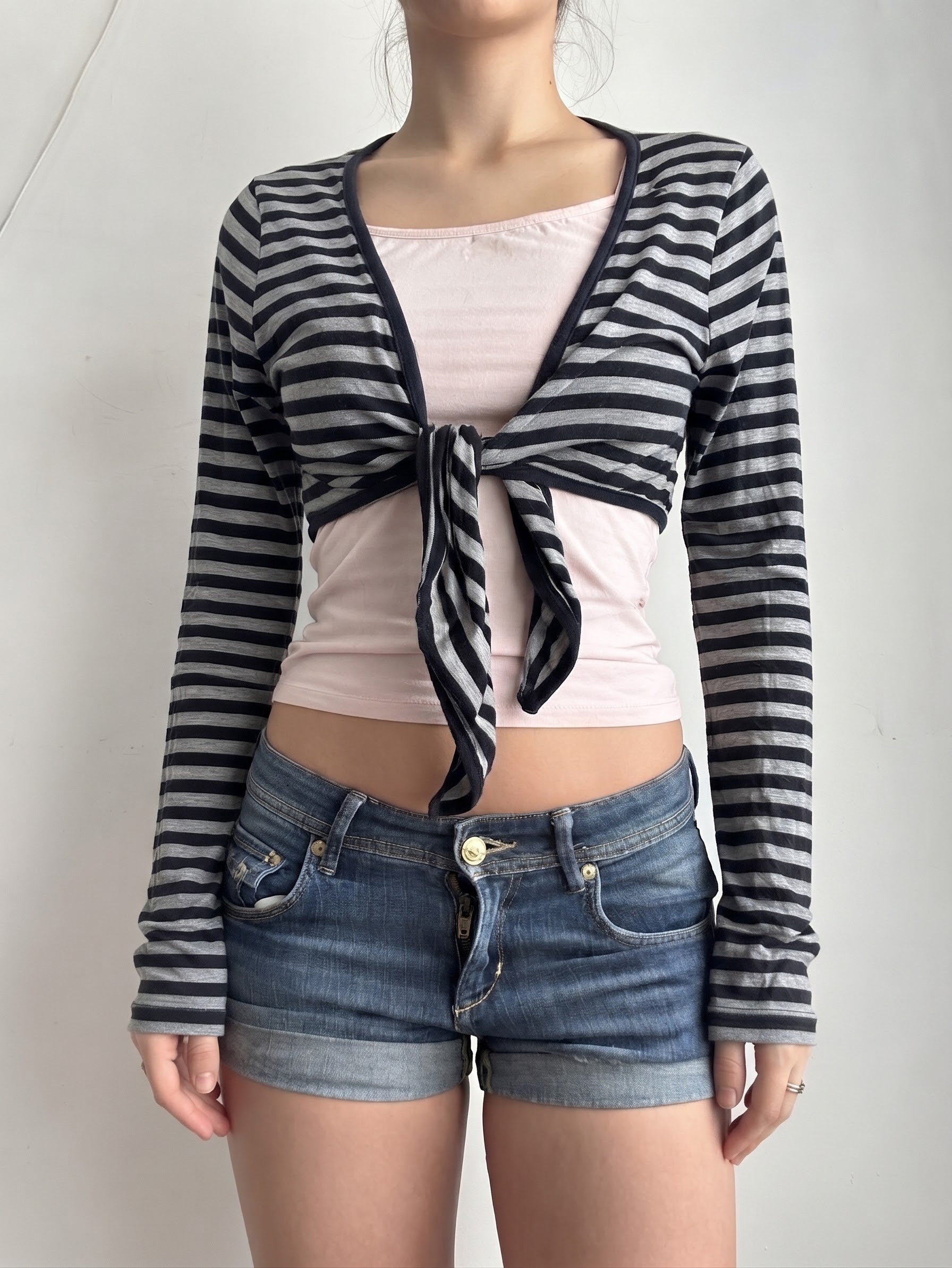 Black striped tie up bolero top (L)