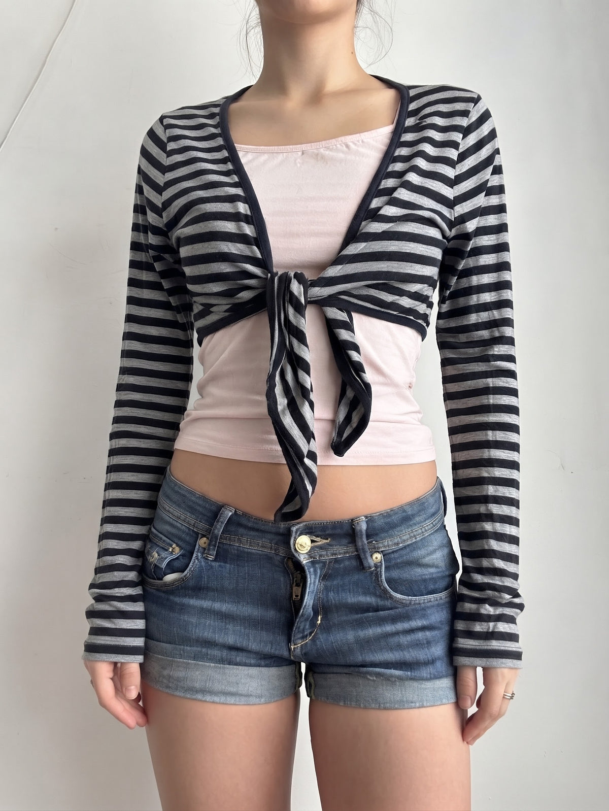 Black striped tie up bolero top (L)