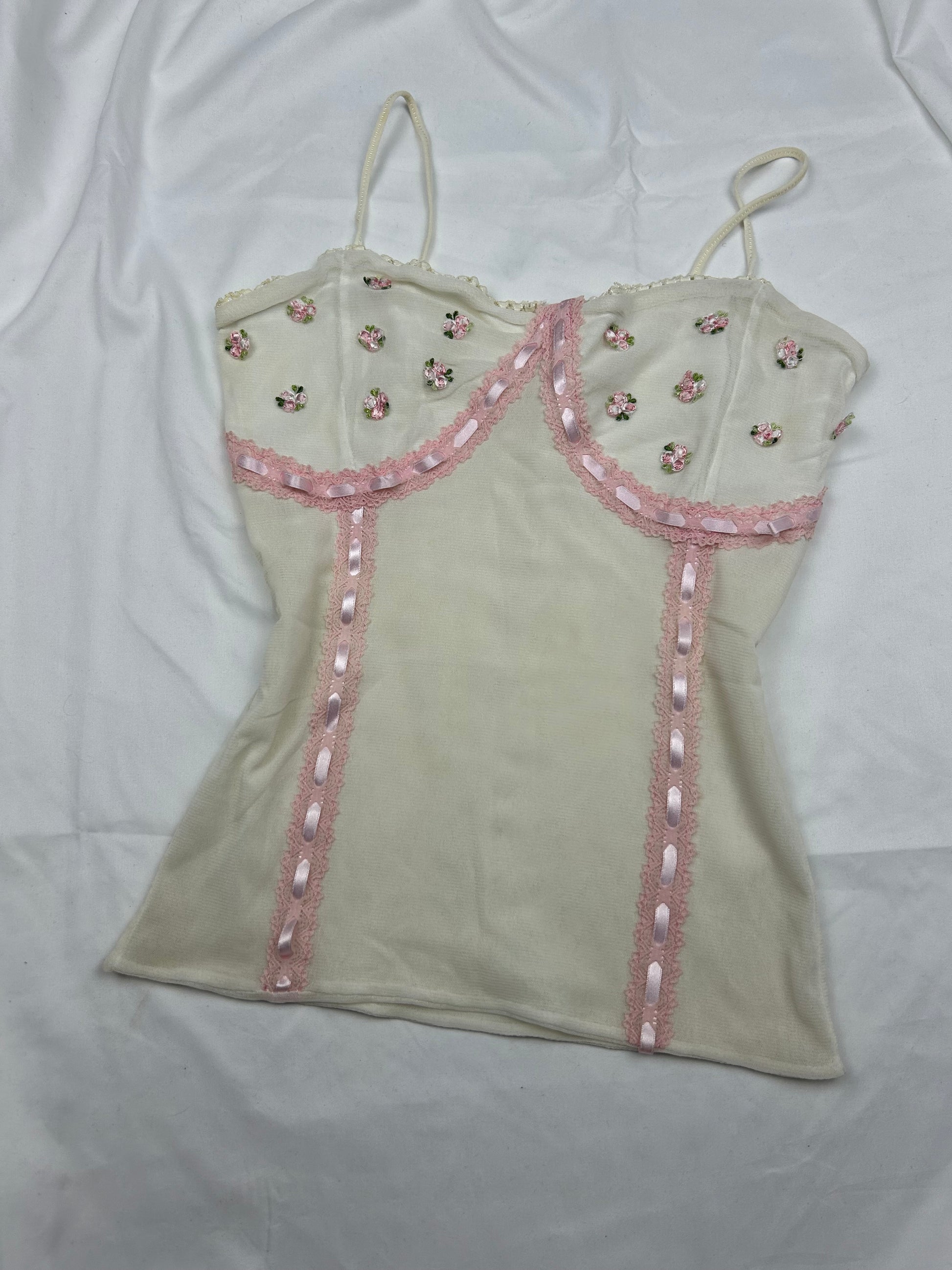 Mesh lined embroidered bow cami top (S)