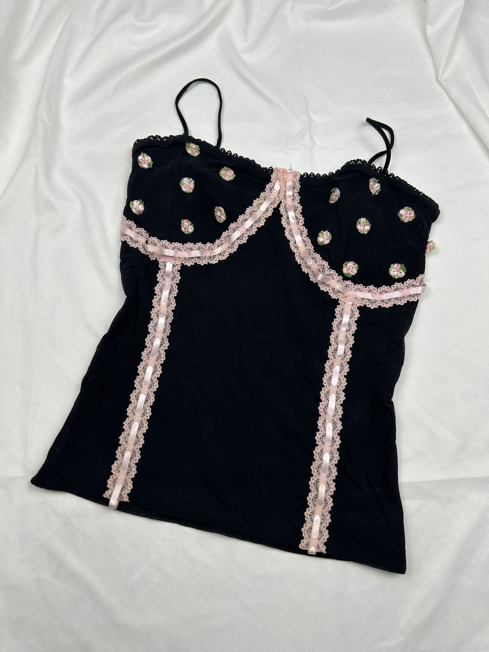 Mesh lined embroidered bow cami top (S)