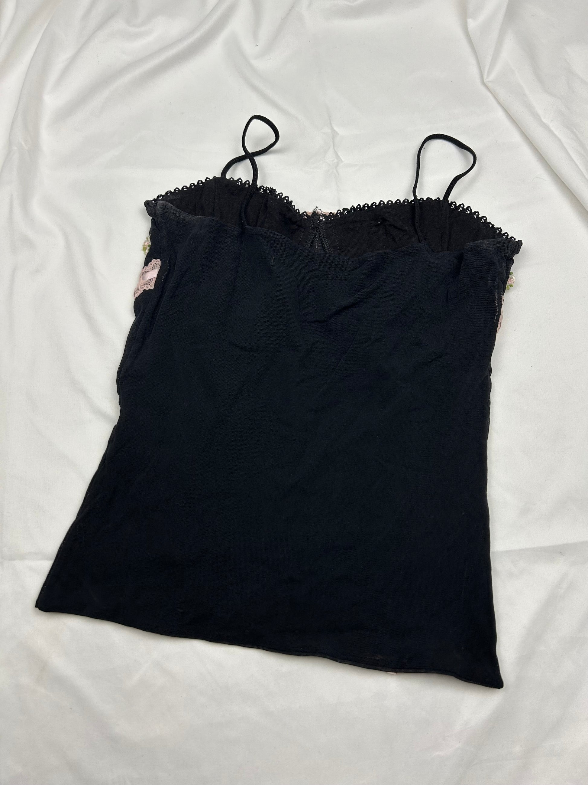 Mesh lined embroidered bow cami top (S)