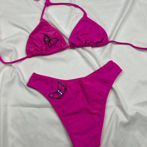 Pink butterfly low rise bikini set (S)