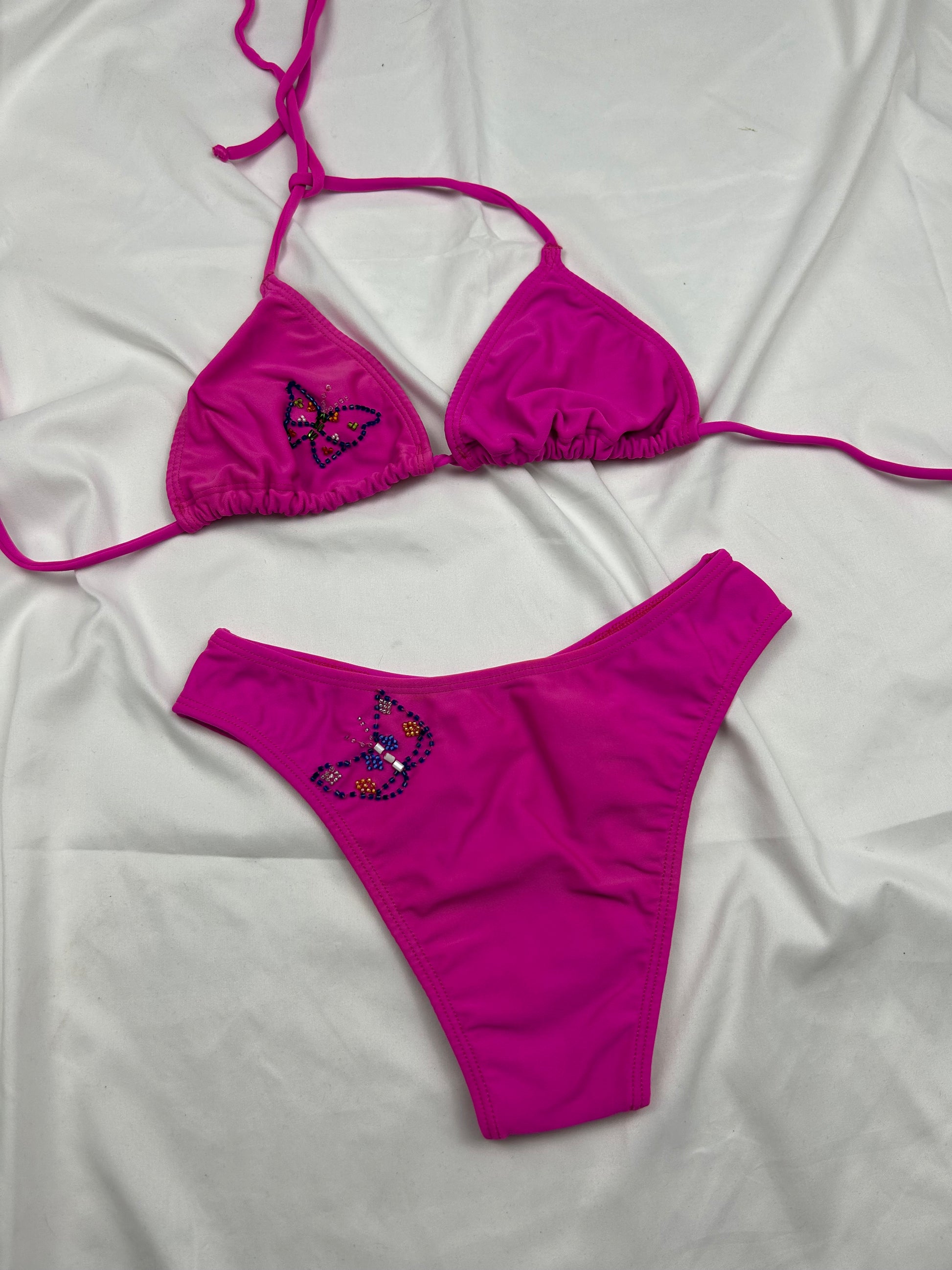 Pink butterfly low rise bikini set (S)