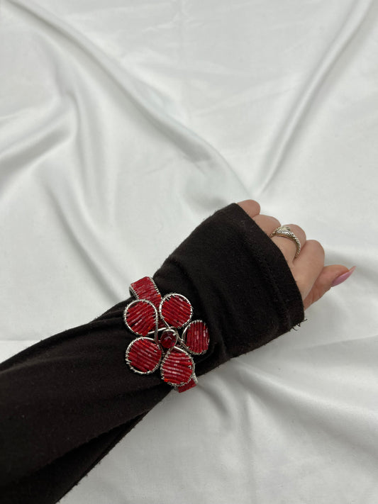 Inox silver & red peals flower bangle bracelet