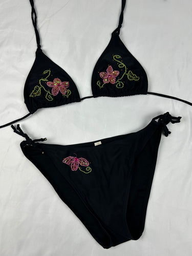 Black pearls embroidered low rise bikini set (M)