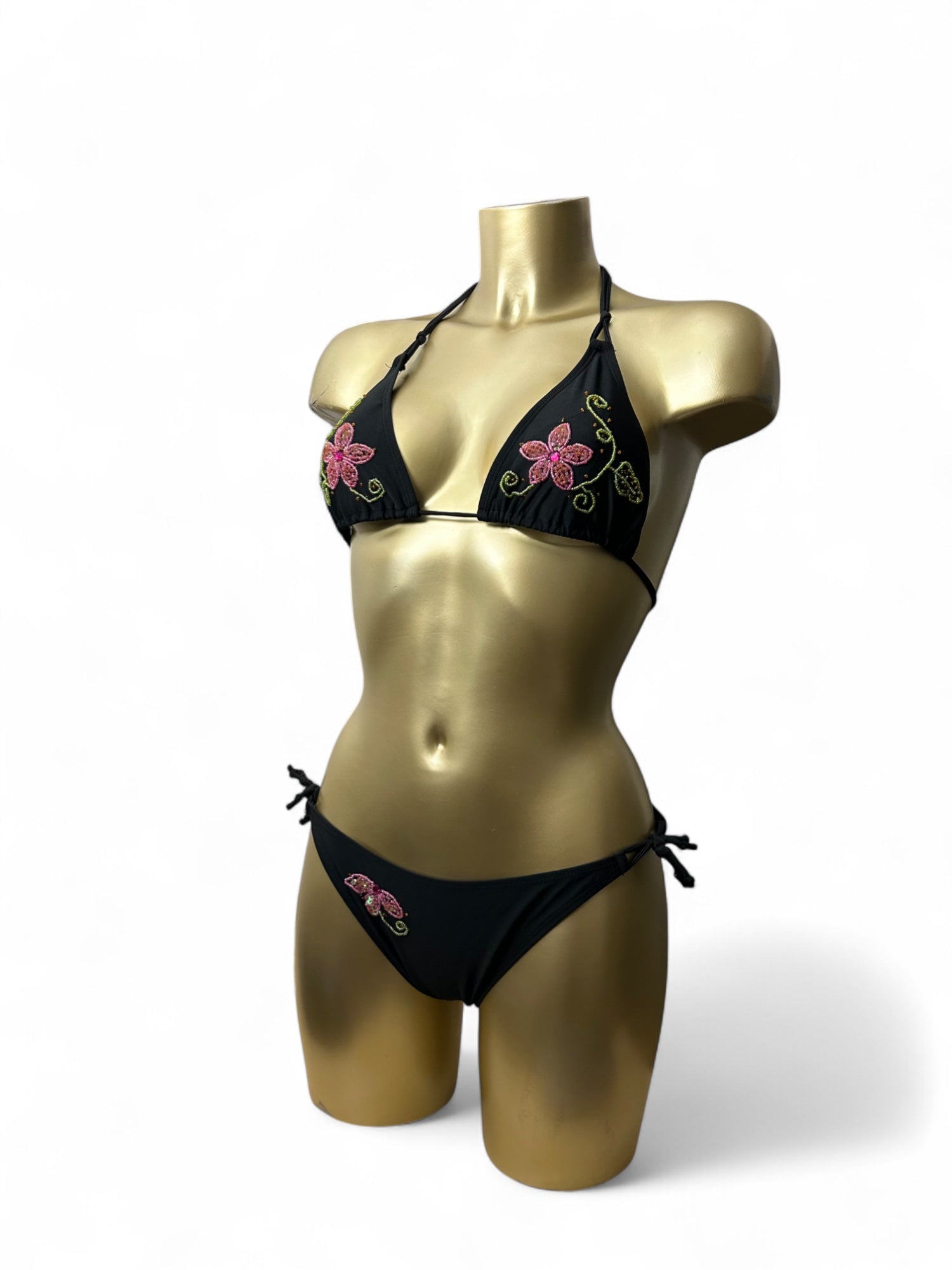 Black pearls embroidered low rise bikini set (M)