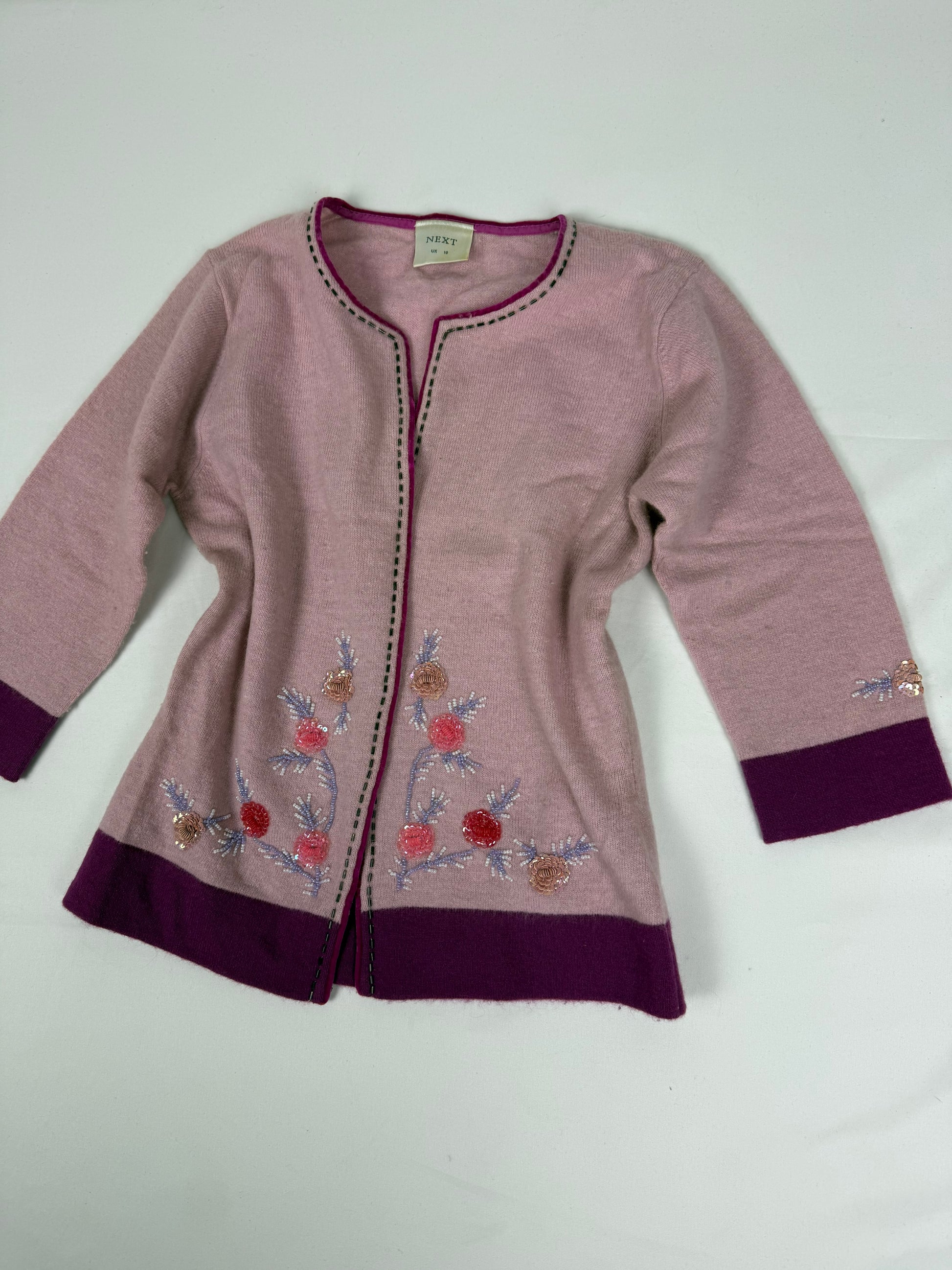 Pink lambswool cardigan embroidered jumper (M)