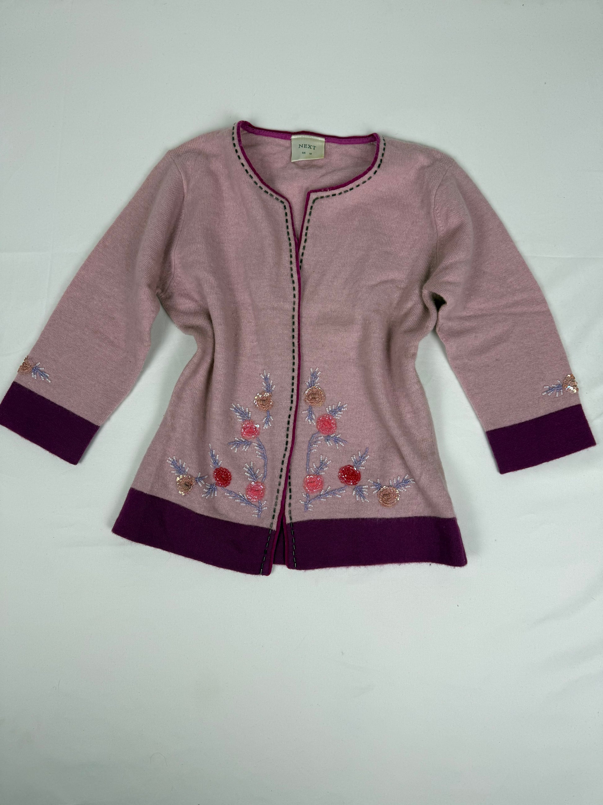 Pink lambswool cardigan embroidered jumper (M)
