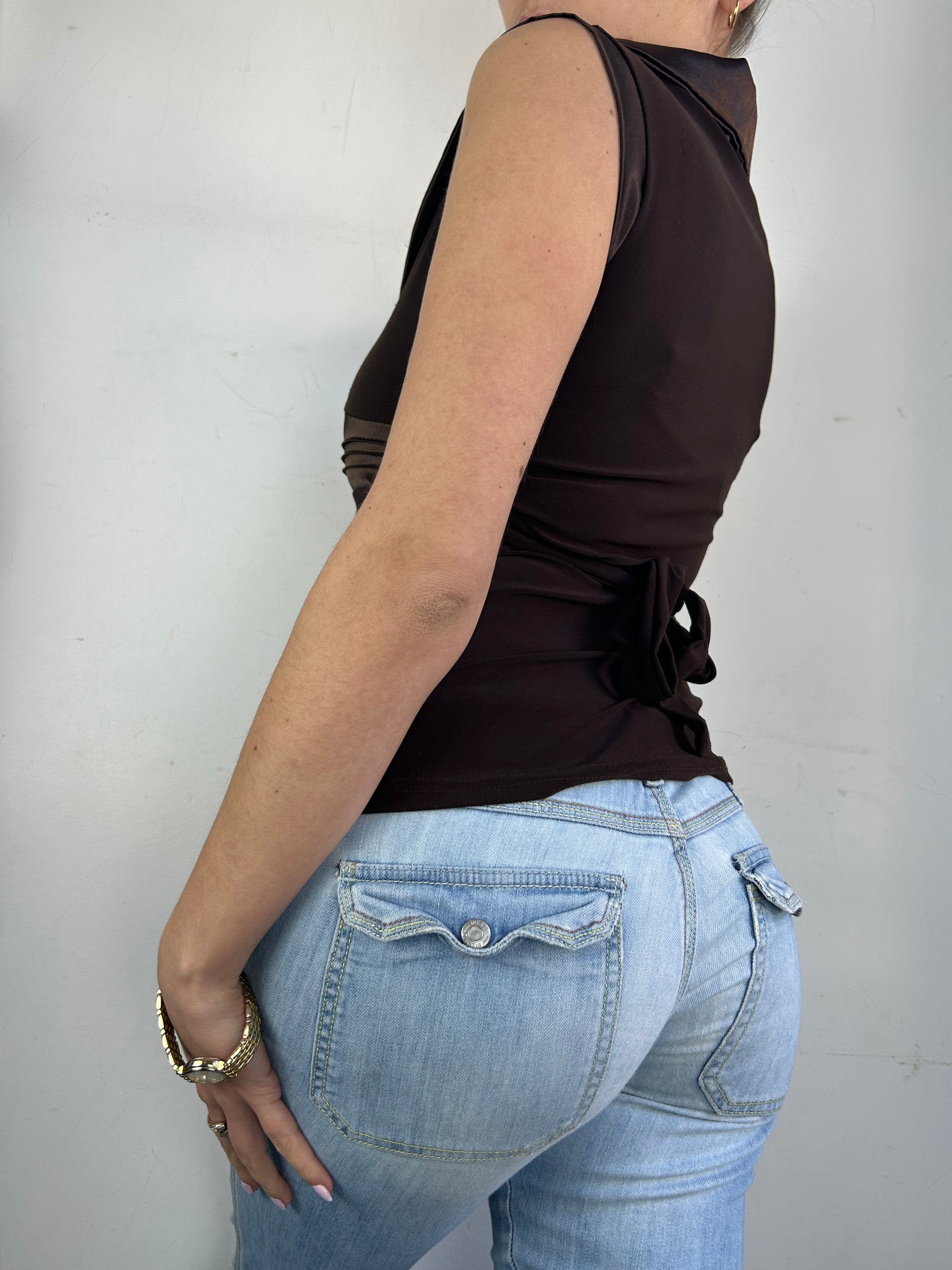 Brown satin office siren tank top (S)