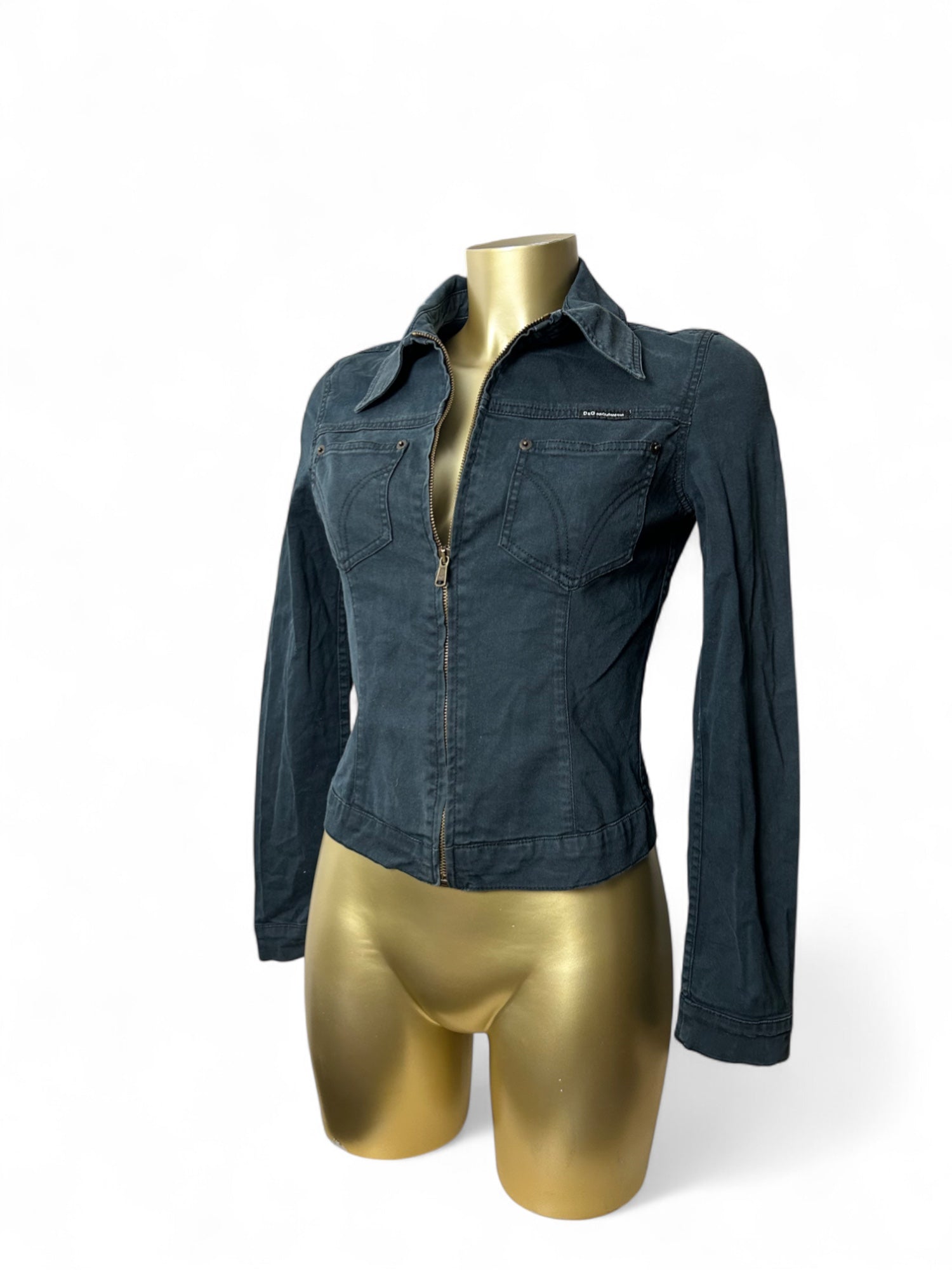 Navy denim cotton zip up biker jacket (XS/S)
