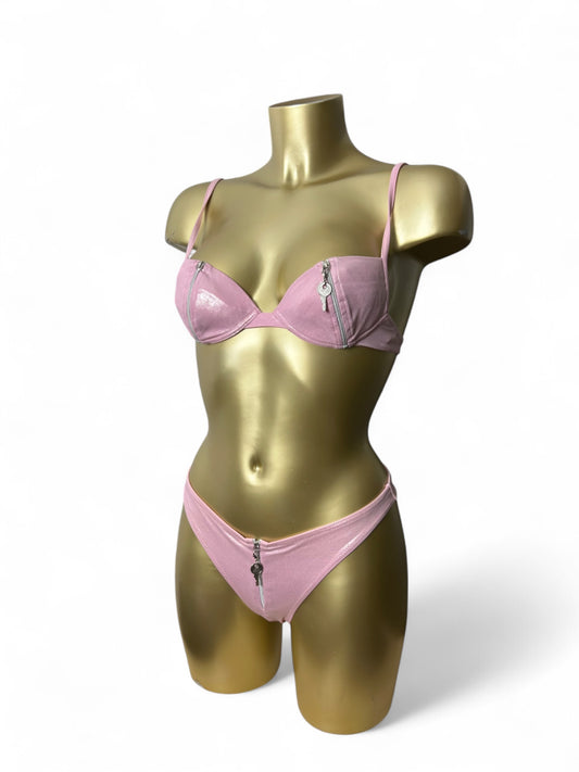 Pink metallic zip up low waisted bikini set (S)