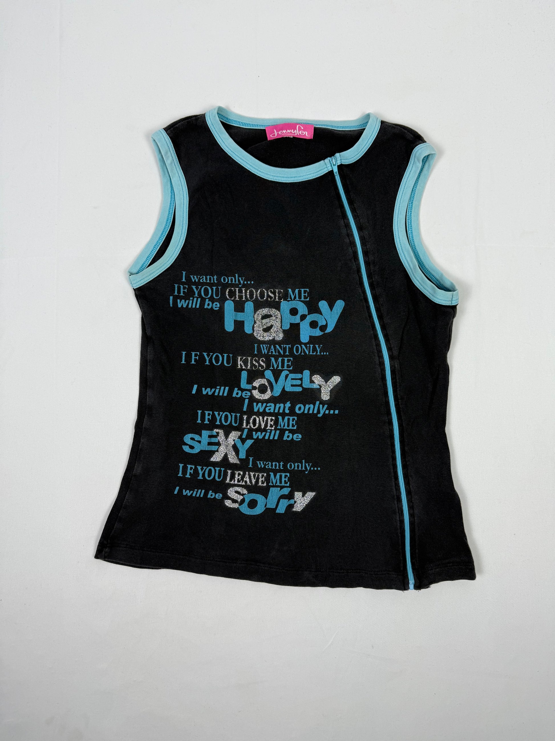 Black zip up cotton graphic tank top (L)