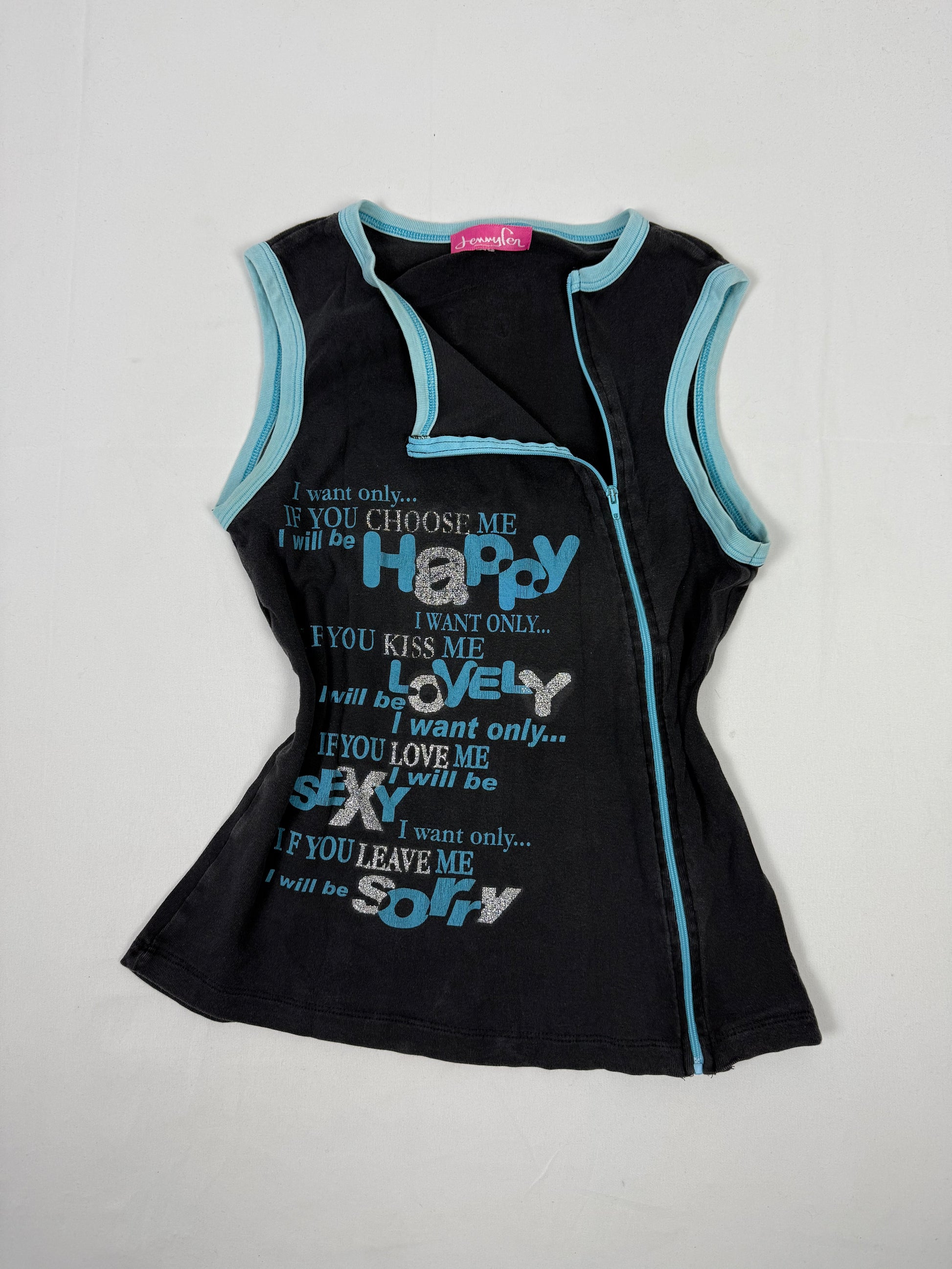 Black zip up cotton graphic tank top (L)