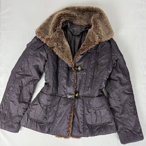 Purple faux fur neck trench puffer jacket (L)