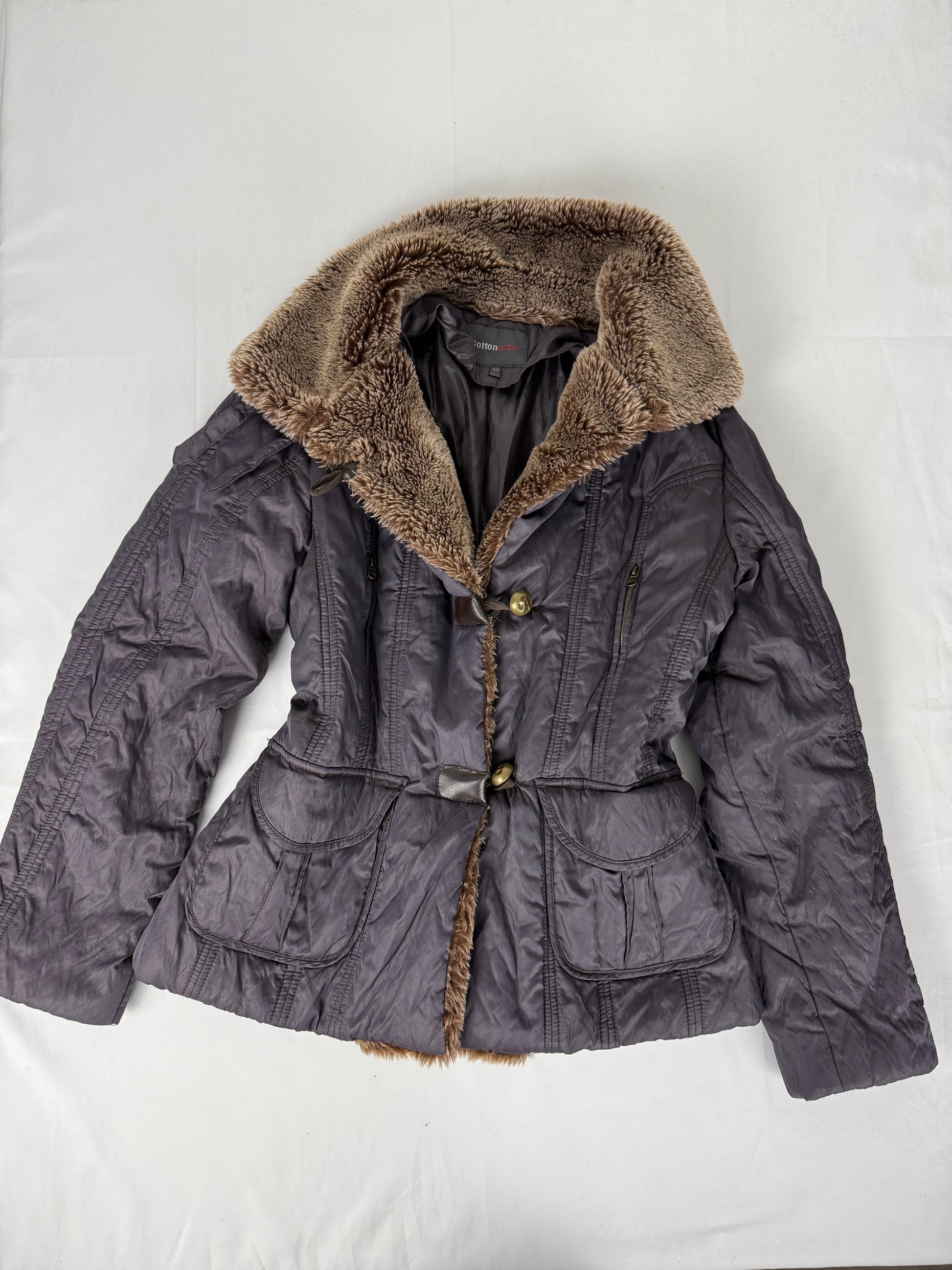 Purple faux fur neck trench puffer jacket (L)