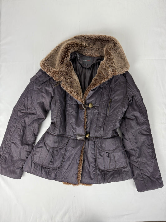 Purple faux fur neck trench puffer jacket (L)