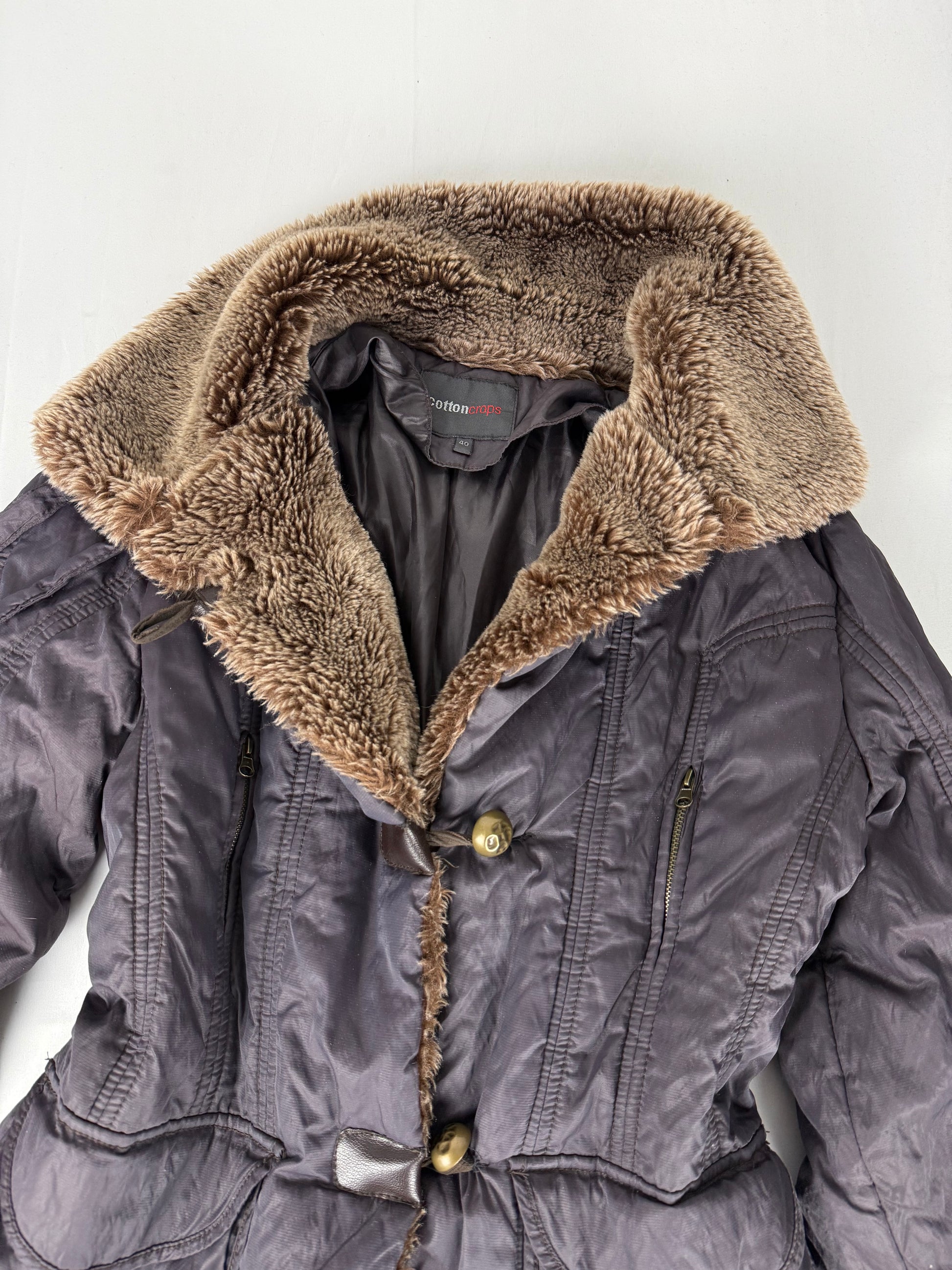 Purple faux fur neck trench puffer jacket (L)