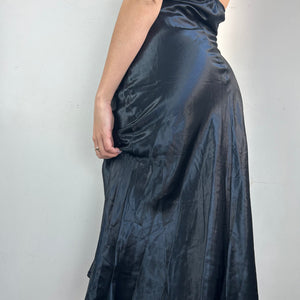 Black pearls halter silky maxi dress (M)