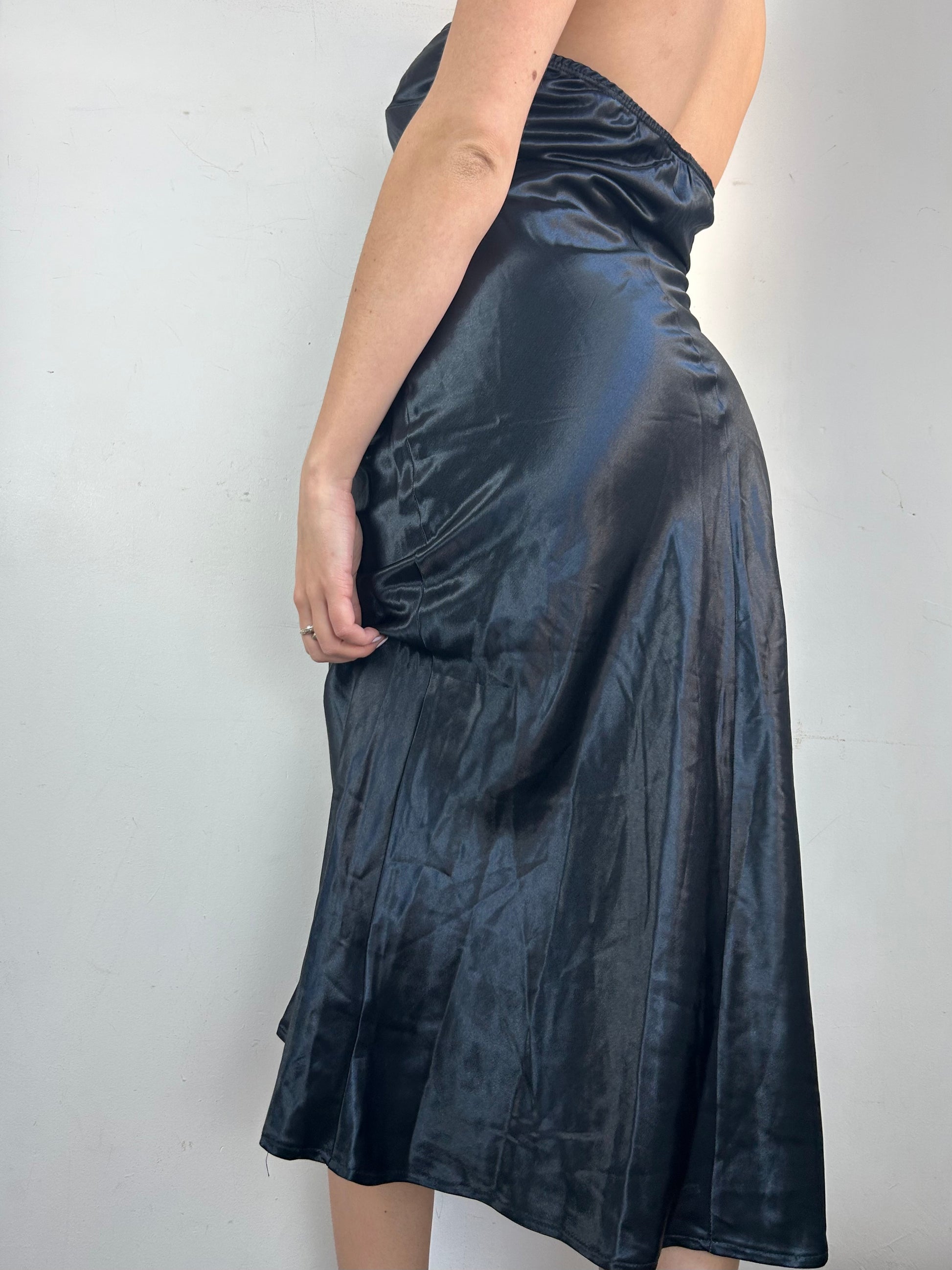 Black satin & pearls maxi dress (M)