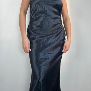 Black pearls halter silky maxi dress (M)