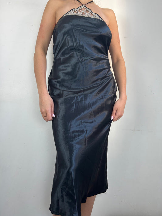 Black satin & pearls maxi dress (M)