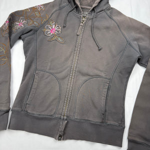 Khaki embroidered floral zip up hoodie (S/M)