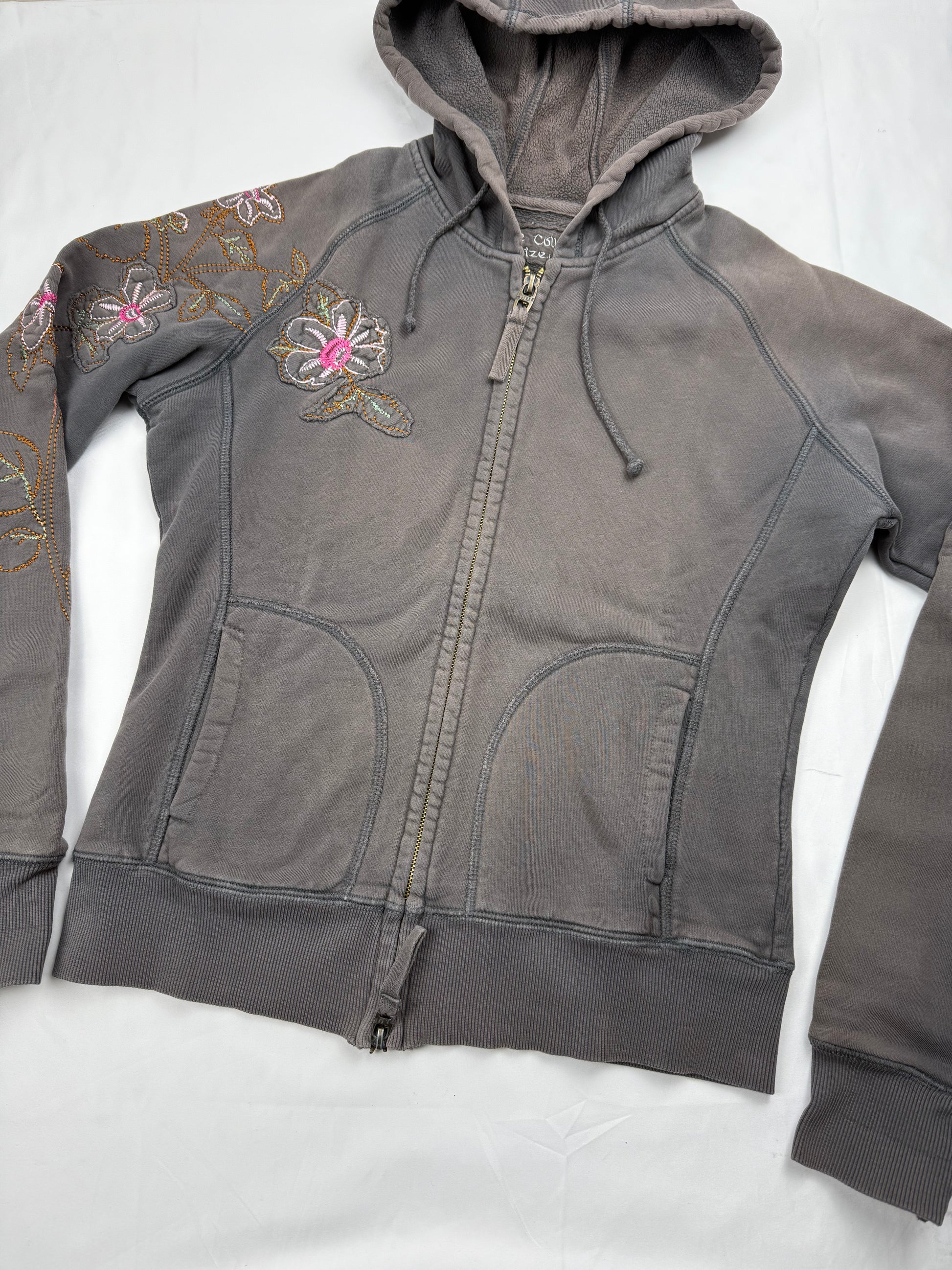 Khaki embroidered floral zip up hoodie (S/M)