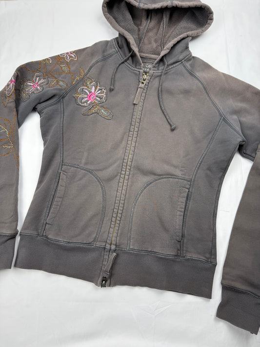 Khaki embroidered floral zip up hoodie (S/M)