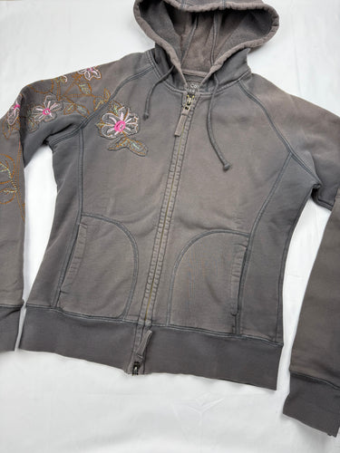 Khaki embroidered floral zip up hoodie (S/M)