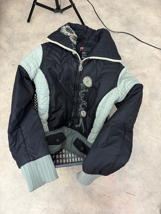 Khaki embroidered floral puffer jacket (S)