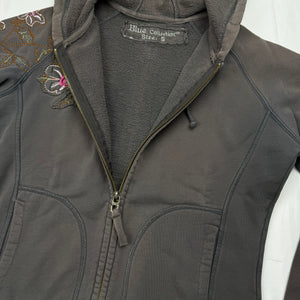 Khaki embroidered floral zip up hoodie (S/M)