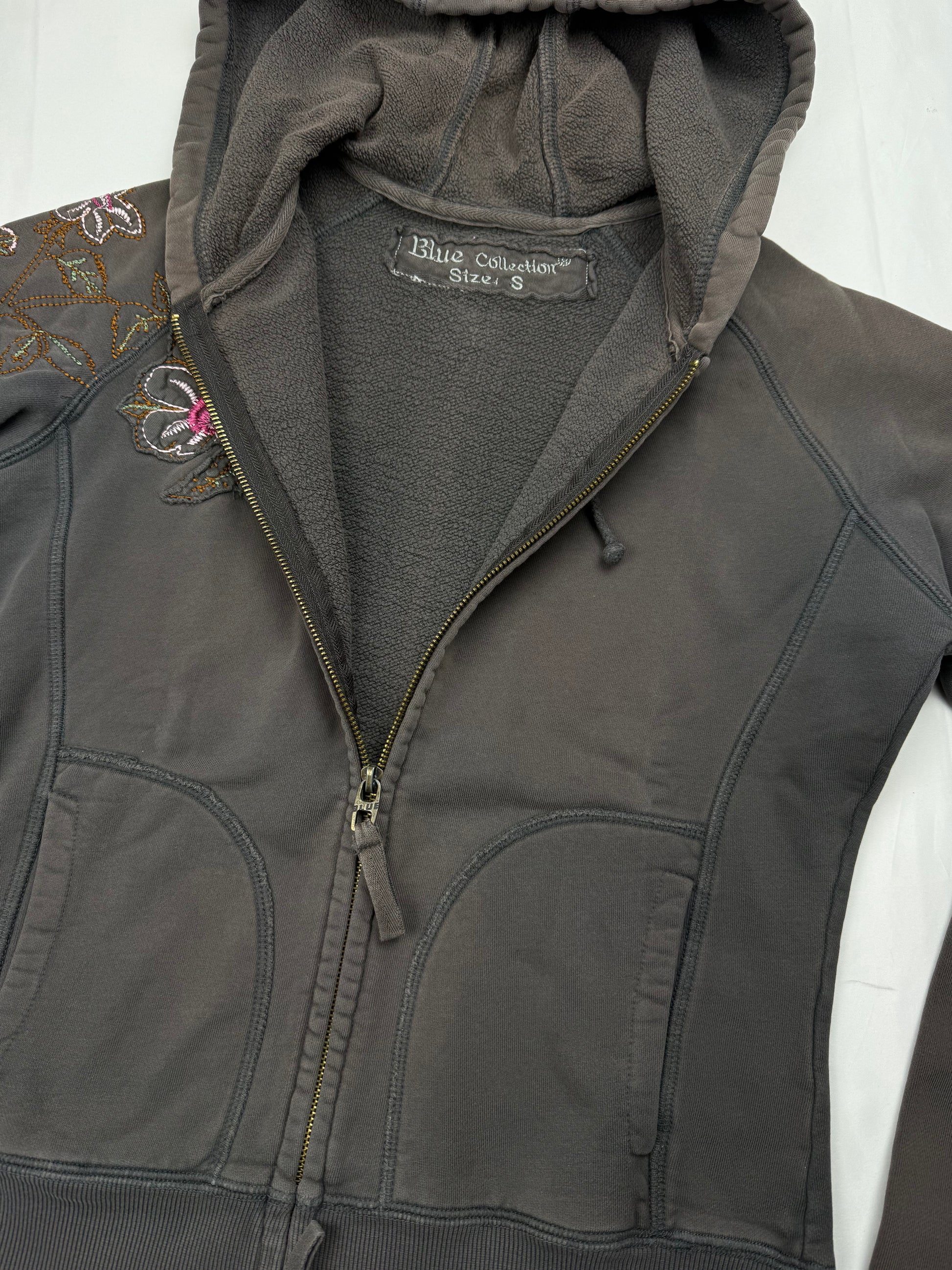 Khaki embroidered floral zip up hoodie (S/M)