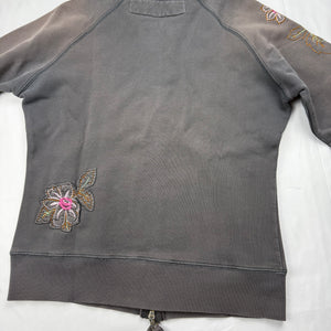Khaki embroidered floral zip up hoodie (S/M)