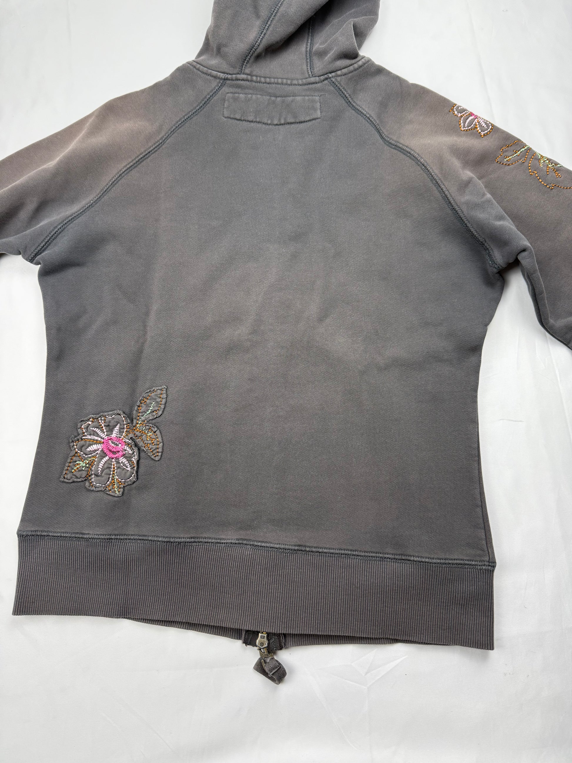Khaki embroidered floral zip up hoodie (S/M)