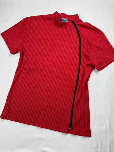 Red ribbed zip up tee (L)