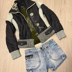 Khaki embroidered floral puffer jacket (S)