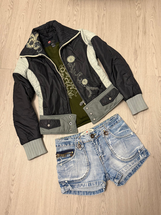 Khaki embroidered floral puffer jacket (S)