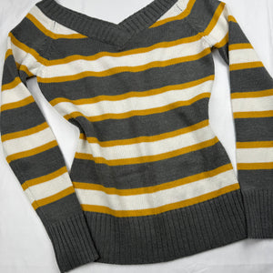 Striped yellow & grey V bardot neck jumper (M)