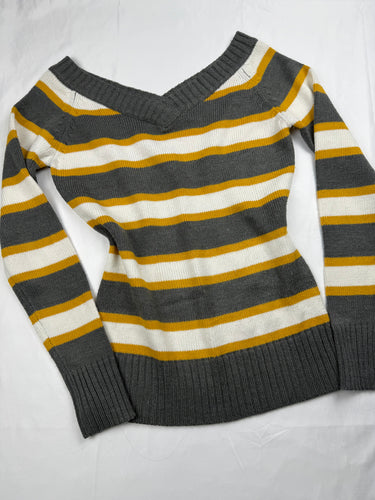 Striped yellow & grey V bardot neck jumper (M)