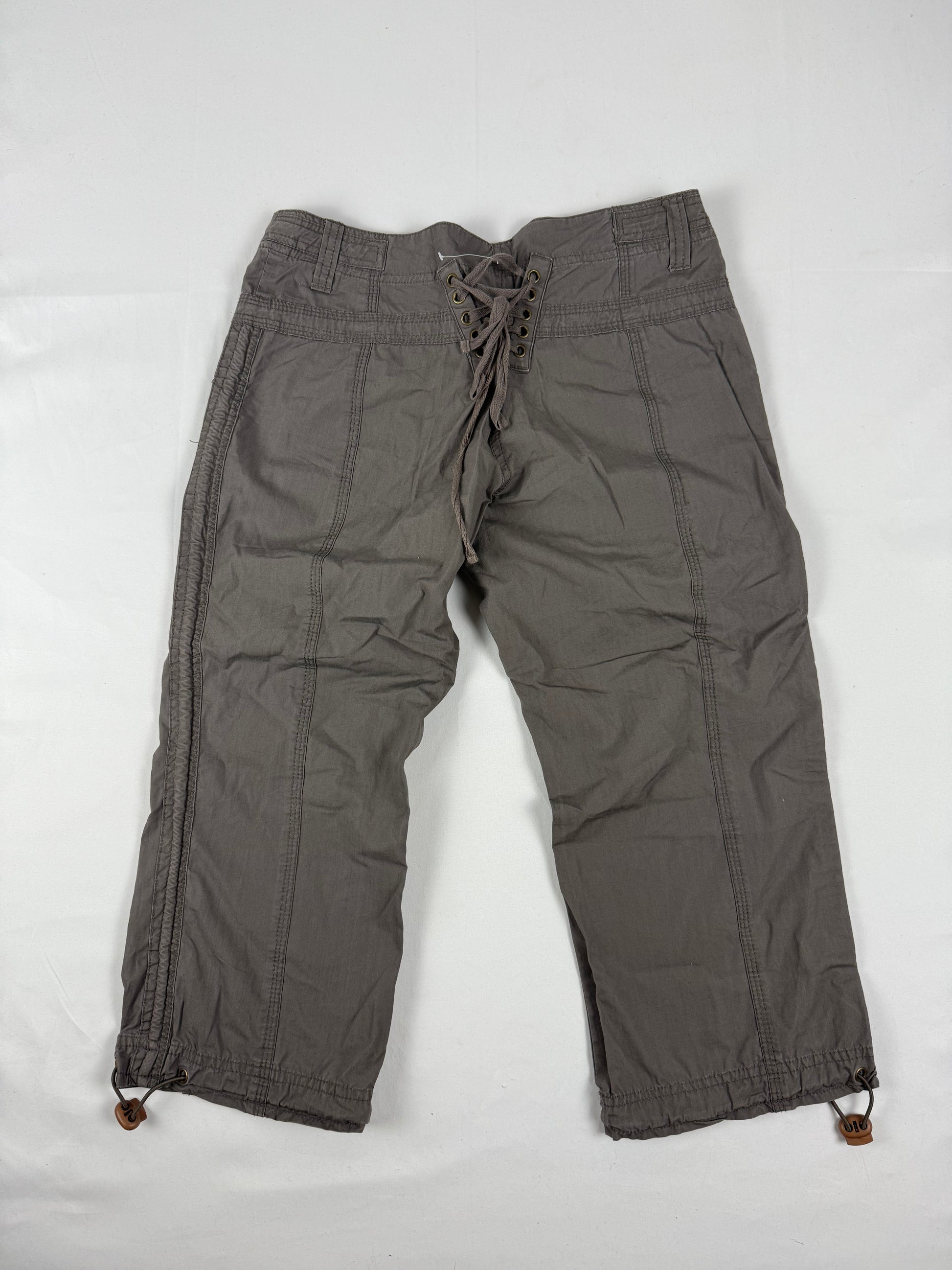 Khaki 100% coton low rise lace up corset capri pants (S)